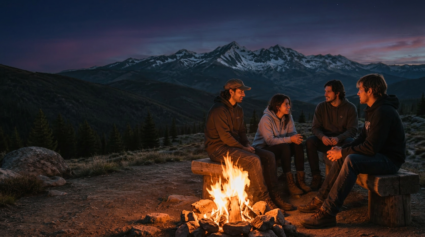 Four young adults around a campfire under the Colorado Rockies at night